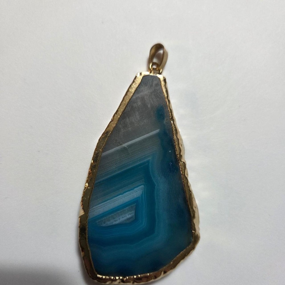 Blue Banded Agate Slice Pendant 3" Gold Tone Edge Natural Stone Large Boho